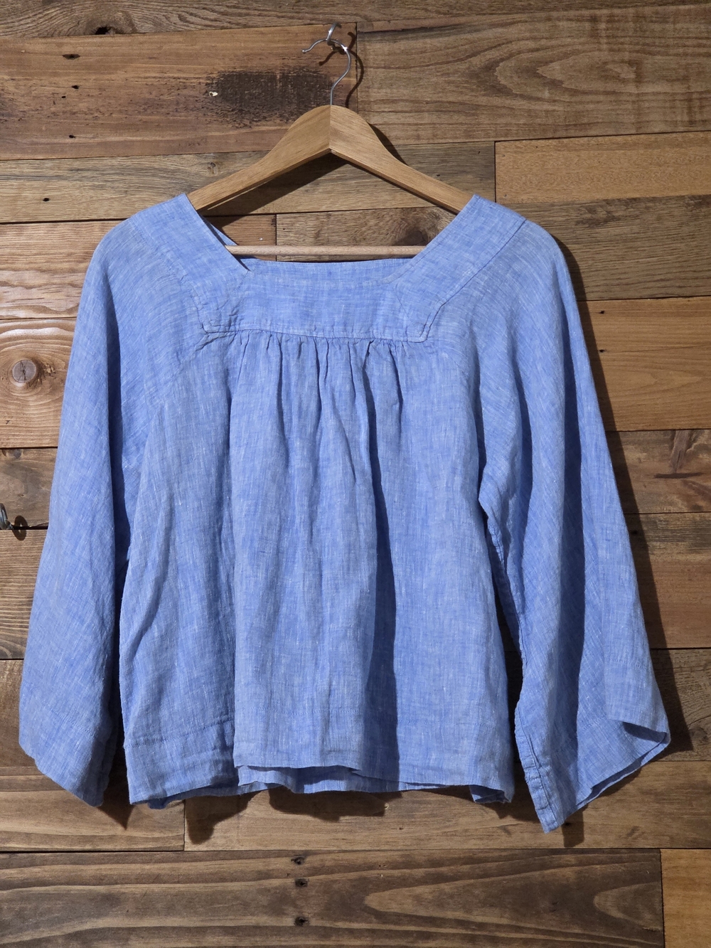 100% Linen GAP Peasant Blouse Light Blue Square Neck Coastal XS Petite Casual
